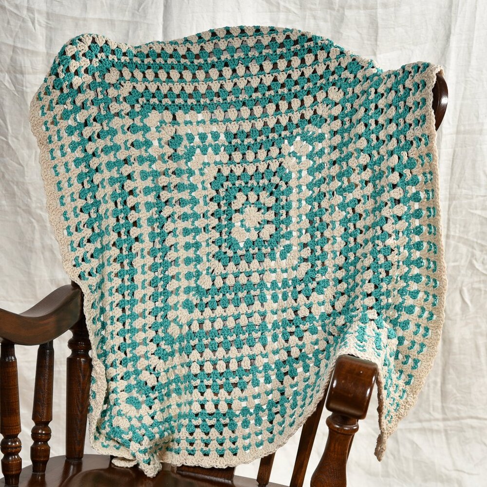 New hand crochet lap throw blanket cotton, upcycled sweater yarn 36" x 36"